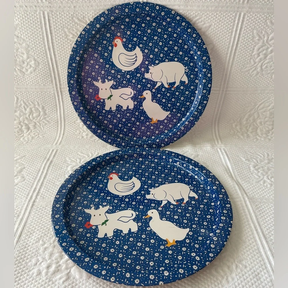 Farm Animal Metal Serving Tray Decor Cow Pig Chicken Duck Blue White Set of 2 - Picture 7 of 7